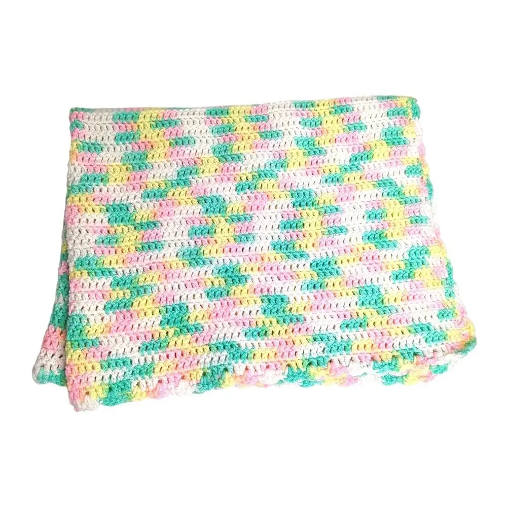 Hand-Crochet Pink, White, Yellow, Green, rectangle Baby Blanket Afghan 31